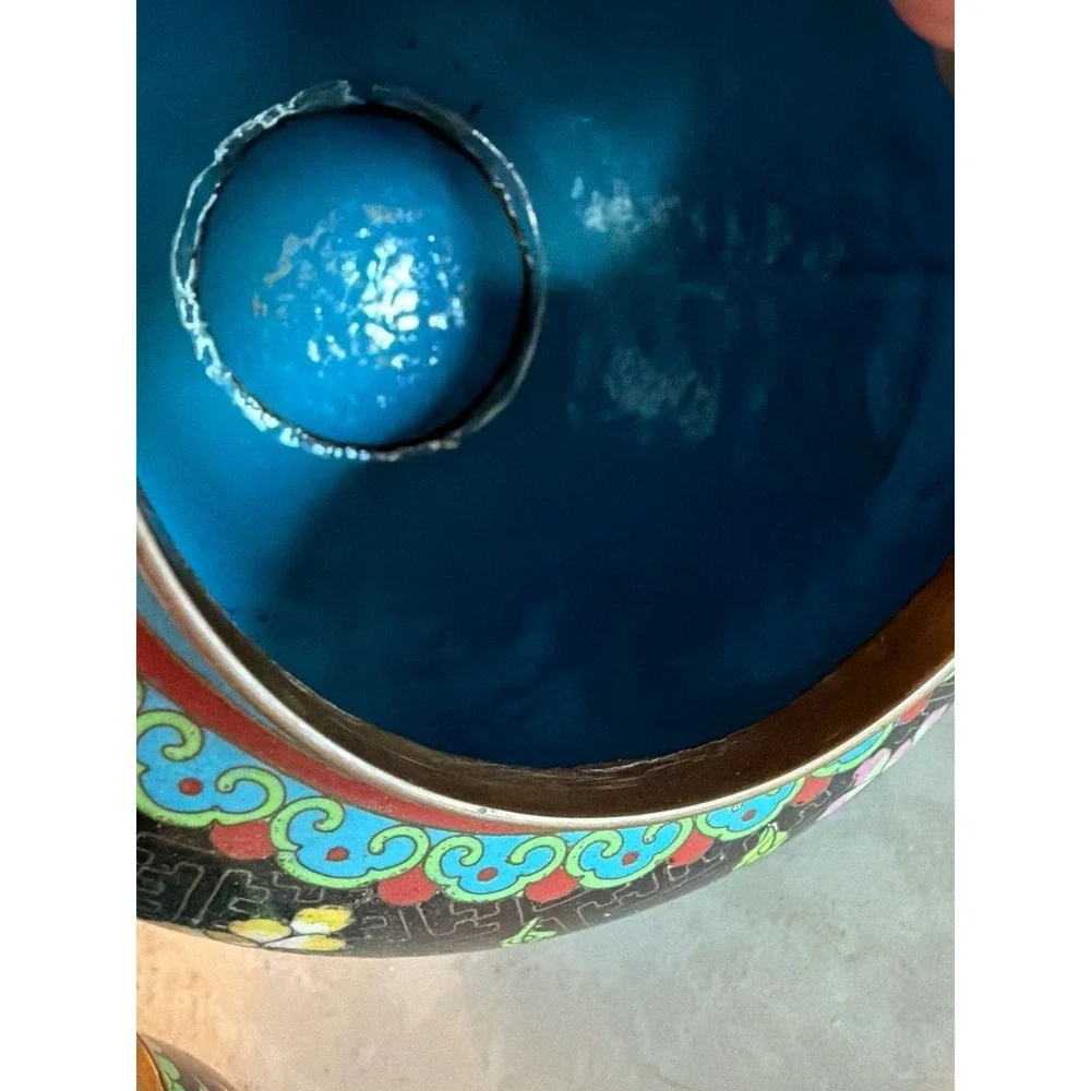 Vintage Chinese Cloisonne Black‎ Enamel Ginger Jar with Floral Design 10